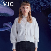 VJC/威杰思秋冬女装米白针织灯笼袖镂空提花短款上衣