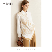 amii2022秋装中长不规则，缎面雪纺衬衫，女印花缎面拼接上衣