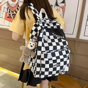 小学生书包双肩包女黑白格子大容量背包，电脑包旅行初高中生大学生