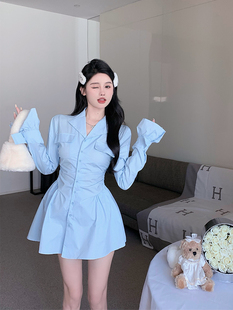 胖mm纯欲辣妹长袖v领衬衫连衣裙女装春季大码收腰显瘦小个子短裙