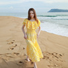 法式镂空一字领黄色连衣裙荷叶边刺绣海边度假云南旅游拍照气质裙