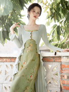 24春新中式绿色印花吊带连衣裙荷叶边针织开衫复古优雅国风两件套