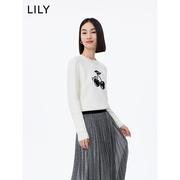 LILY玫粉色樱桃薄款短袖针织衫宽松圆领短款长袖上衣女