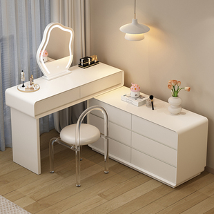 法式简约奶油风梳妆台卧室小户型小型实木化妆桌高级感收纳柜一体