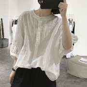 棉麻衬衫女式韩版夏装宽松圆领，蝙蝠衫半袖纯色，单排扣洋气防晒上衣