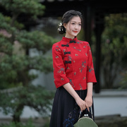 高货复古手工优雅花色棉麻中式国风旗袍式改良时尚上衣