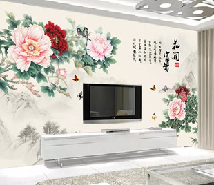花开富贵牡丹中式电视背景墙uv喷绘壁画无缝宣绒布蚕丝布客厅墙布