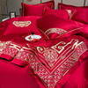 高档中式刺绣婚庆四件套大红色，全棉床单被套结婚床上用品，六件套新