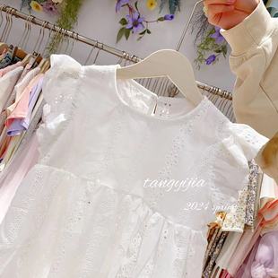 A422女童T恤夏装儿童飞袖气质衬衫女宝圆领娃娃衫甜美打底衫