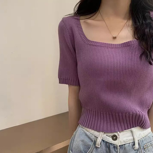紫色针织衫女修身薄款2024夏季正肩短袖t恤短款内搭方领上衣