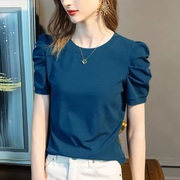 蓝色短袖t恤女夏2024设计感小众复古公主褶皱泡泡袖纯棉上衣