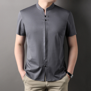 夏季100液氮丝光棉长袖衬衫男士小立领新中式国风唐装衬衣体恤衫