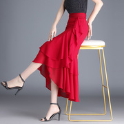 红色鱼尾裙雪纺半身裙春夏季中长款高腰显瘦不规则荷叶边包臀长裙