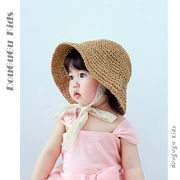 儿童草帽ins女宝渔夫帽夏季洋气沙滩遮阳蕾丝系带女童防晒帽森系