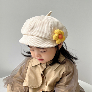 儿童帽子秋冬款可爱花朵，女童时尚贝雷帽女宝宝甜美春天鸭舌八角帽