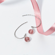 日韩简约s925纯银耳环少女风，耳钉草莓晶，甜美粉色水晶短耳坠招桃花
