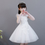 女童公主裙蓬蓬纱，儿童主持人晚礼服白色小花，童婚纱裙钢琴演出服装
