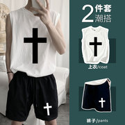 十字架短裤韩版坎肩背心男夏季学生衣服篮球两件权志龙gd同款套装