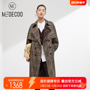 MEDECOO/墨蒂珂秋季英伦格子中长款风衣女西装双层领休闲外套