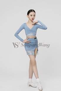 sswang舞服女童拉丁服套装，长袖半裙分体套装蕾丝，拼接温柔蓝色练功