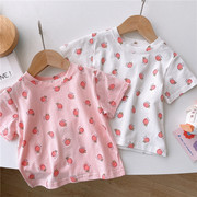 夏季韩版婴儿短袖上衣女宝t恤休闲女童草莓满印花半袖衣服纯棉女