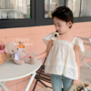 蓝小爸女童娃娃衫2023夏季儿童镂空方领衬衫宝宝洋气短袖上衣