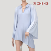 jicheng原创22年春夏，雪纺衬衫连衣裙显瘦纯色，喇叭袖小众设计