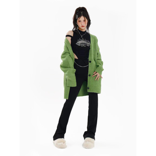 jmj2024春秋季美式宽松针织开衫绿色毛衣外套，女中长款慵懒风线衫
