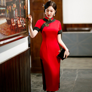 红色高端长旗袍2023年中国风复古日常可穿高级感短袖盘扣优雅