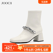 JOOC玖诗圆头粗跟短靴女秋冬秋法式女靴小众设计短靴拼色6503