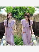 夏季韩版雪纺短袖，法式高级感气质娃娃领中长款哺乳连衣裙