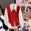 2024年春季女装套装红色针织马甲衬衫两件套新中式轻国风上衣