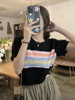 原宿风短袖针织衫女条纹，圆领显瘦t恤甜美减龄彩色套头短款上衣夏