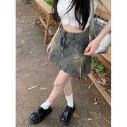 雯雯小超人水洗百褶a字牛仔短裙女夏季2023高腰，显瘦半身裙子