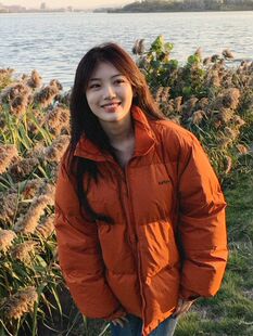 橘色羽绒服女短款立领，2023冬潮牌宽松情侣，韩版面包服外套反季
