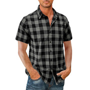 跨境男装休闲夏威夷衬衫外贸男士短袖衬衫男衬衣欧美格子衬衫