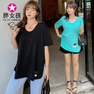 胖女孩加大码女装韩版个性布贴T恤夏季200斤休闲遮肚圆领上衣