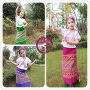 短袖白衣小傣族女童装棉布套装玫红绿色紫色裙西双版纳傣族女