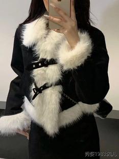 雪域公主  韩系小香风设计感千金风毛领黑色外套半身长裙两件套装