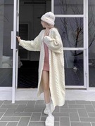 纯色中长款麻花毛衣外套，女秋冬季韩版宽松慵懒风，加厚针织开衫