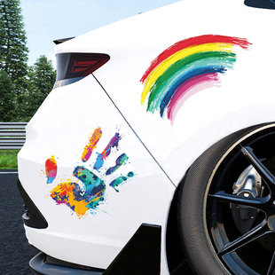 创意汽车贴纸划痕遮挡车贴彩虹f1手掌彩色，车身涂鸦个性车窗装饰画