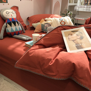 ins水洗棉北欧红色纯色，床上四件套全棉纯棉，文艺1.5m1.8米被套床单