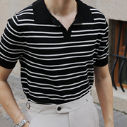 韩版黑白色条纹T恤V领无扣修身英伦清新简约针织弹力短袖polo衫