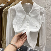 2024早春白色衬衫女长袖泡泡袖气质设计感小众翻领短款不规则上衣