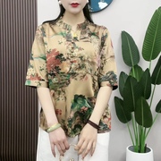 中年妈妈夏装真丝衬衫，女桑蚕丝短袖t恤上衣，中老年人洋气套装