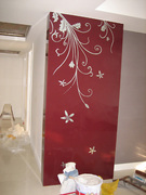 电视墙背漆钢化烤漆艺术玻璃时尚走廊背景墙  喜庆大红底细藤花枝