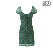 法式复古辣妹绿色格子系带收腰显瘦网纱连衣裙度假短裙子