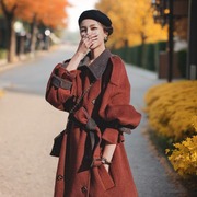 毛呢外套女中长款2023年冬季赫本风韩版宽松加厚红色呢子大衣