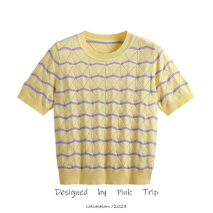 波浪条纹镂空针织短袖女夏季宽松鹅黄色上衣减龄百搭薄款T恤