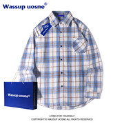 WASSUP蓝色格子衬衫男女秋冬季设计感中长款情侣装衬衣外套潮